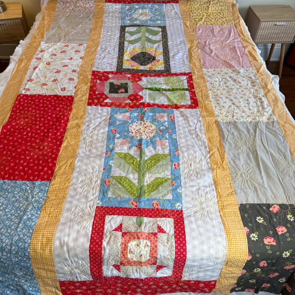 Handmade Floral Patchwork Quilt Top Cottagecore Daisy Sunflower Multi Color